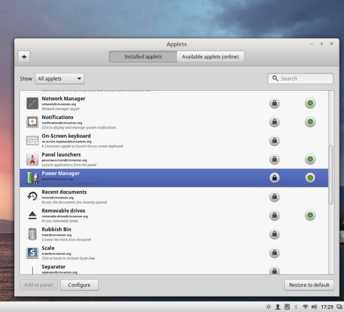 Power applet became brightness