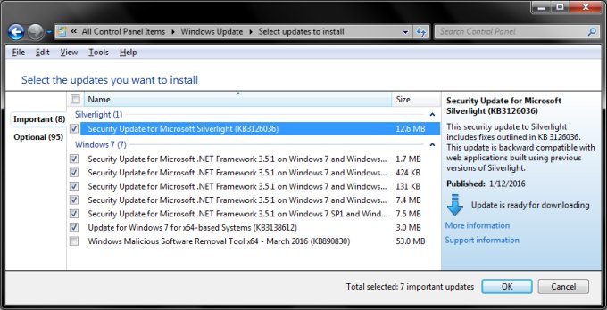 List of available updates in WU
