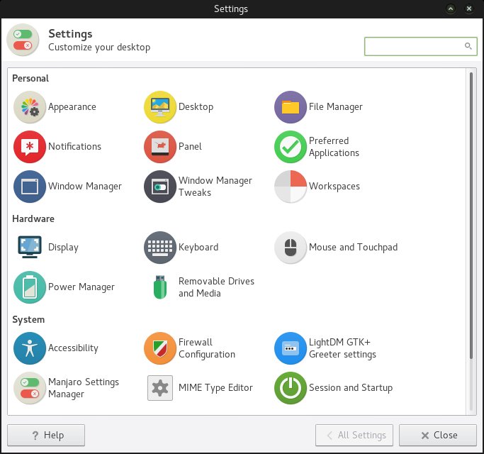 Standard settings menu