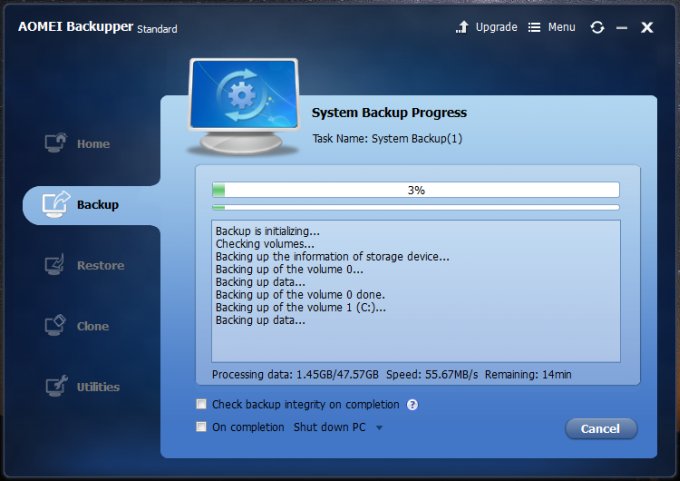 System image backup in progress