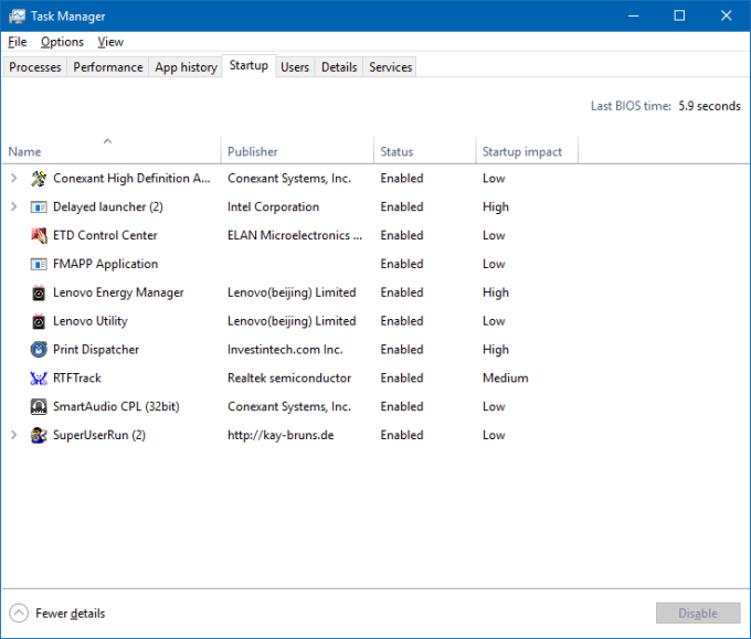 Task manager, list of programs