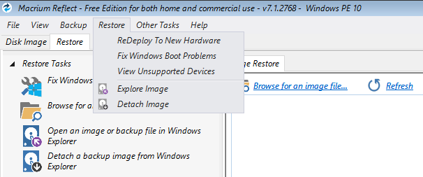 Restore options inside PE