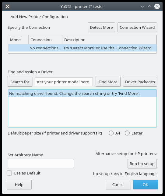 YaST utility, no printer found
