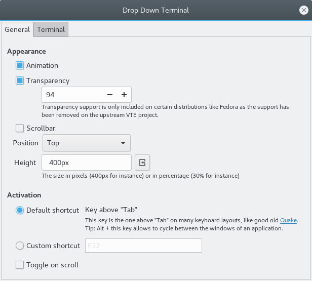 Drop Down Terminal settings