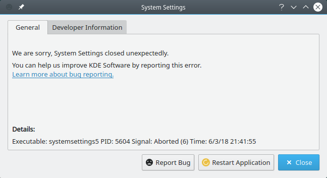 System settings crash report