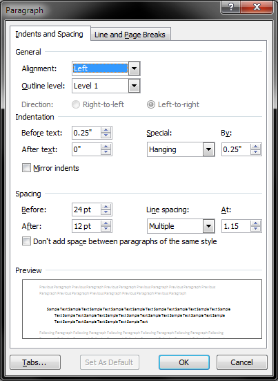 Paragraph indent and hang