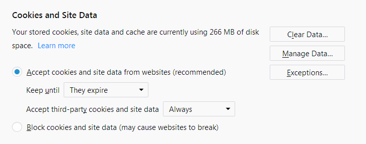 Firefox options, data