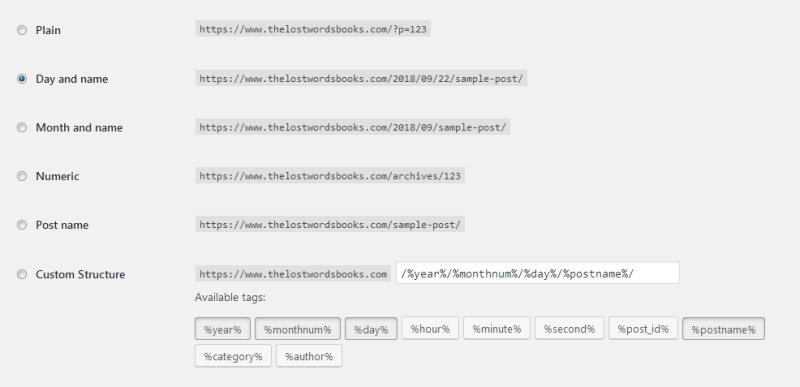 WordPress permalinks options