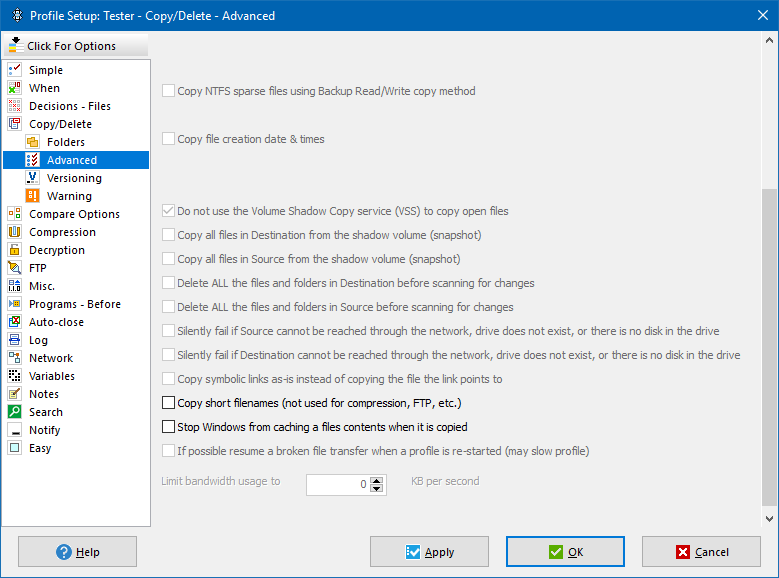 Advanced copy options