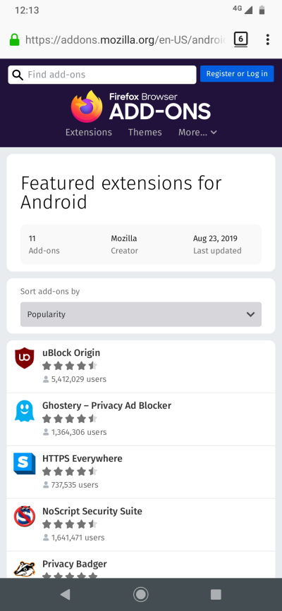 Firefox 70, mobile addons