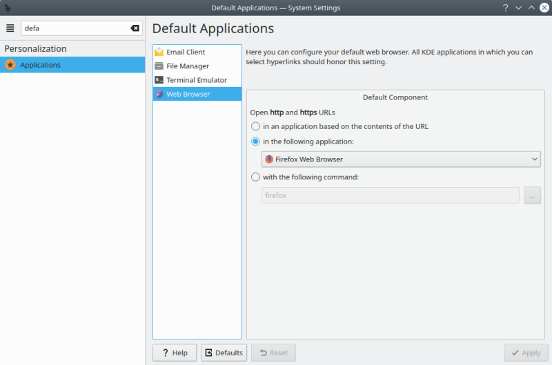 Default component, Plasma settings