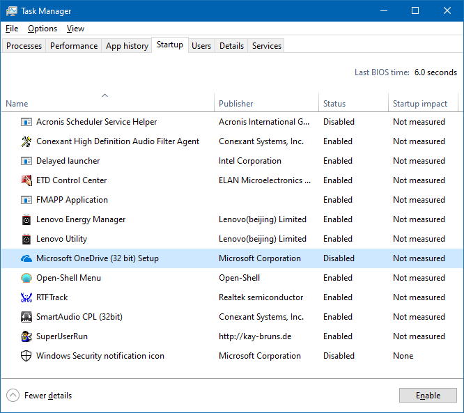 OneDrive, startup re-enabled