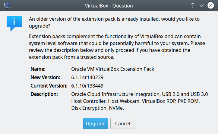 Extension Pack upgrade