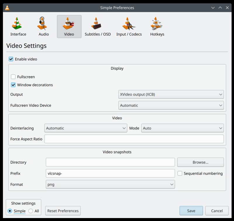 VLC video settings