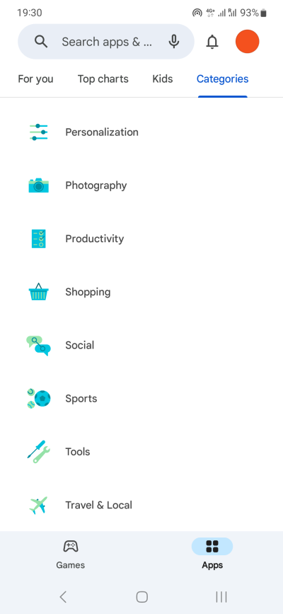 Play Store, categories