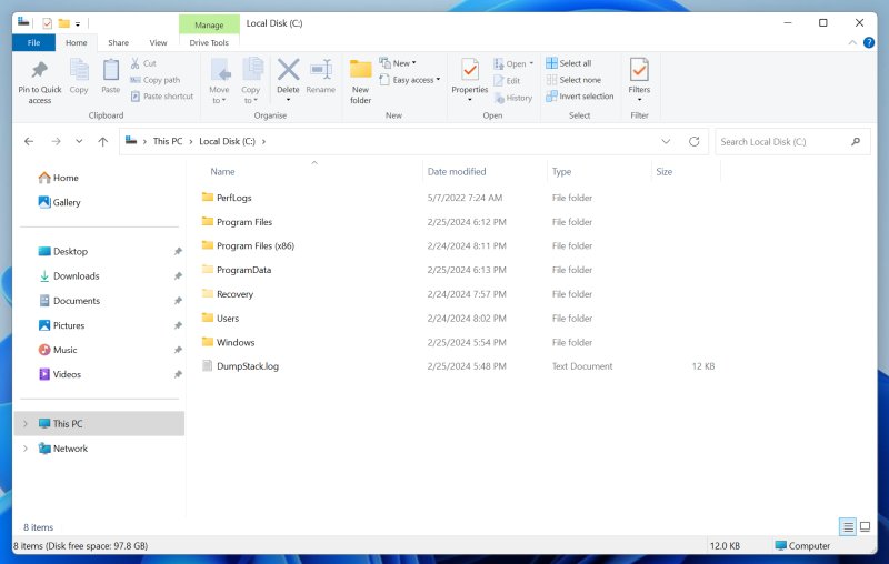 Windows Explorer, with the ribbon interface