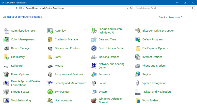 Control Panel, large icons