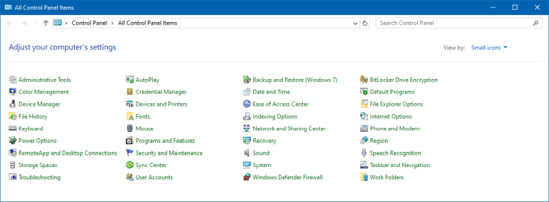 Control Panel, small icons