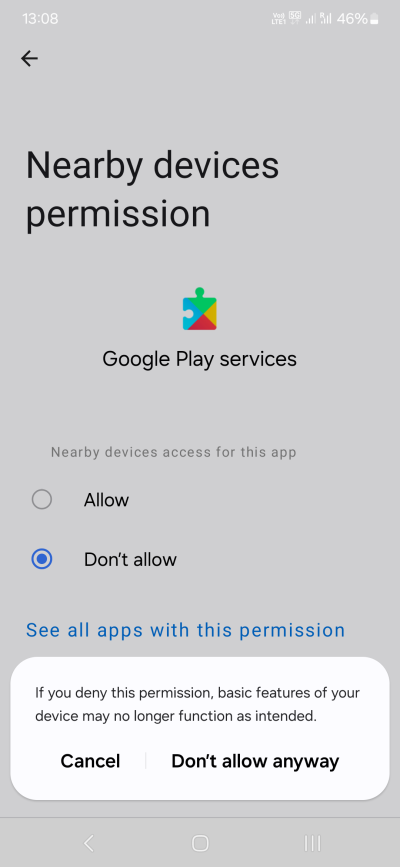 Play Store, Nearby Devices permission
