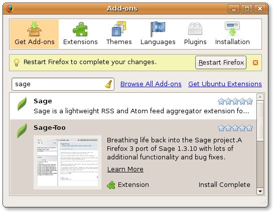 Firefox add-ons sage install complete