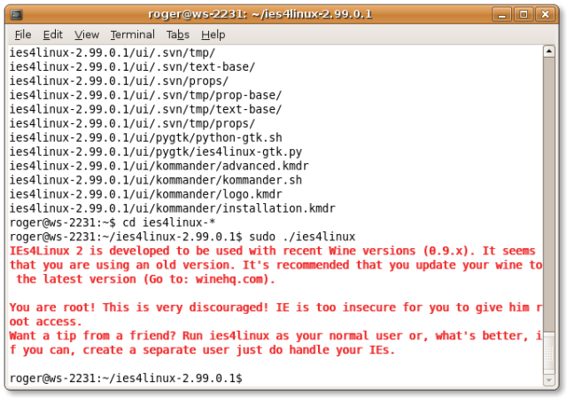 ies4linux sudo warning