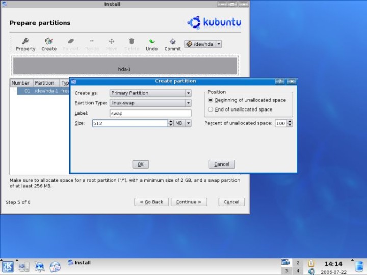 Kubuntu create swap partition details