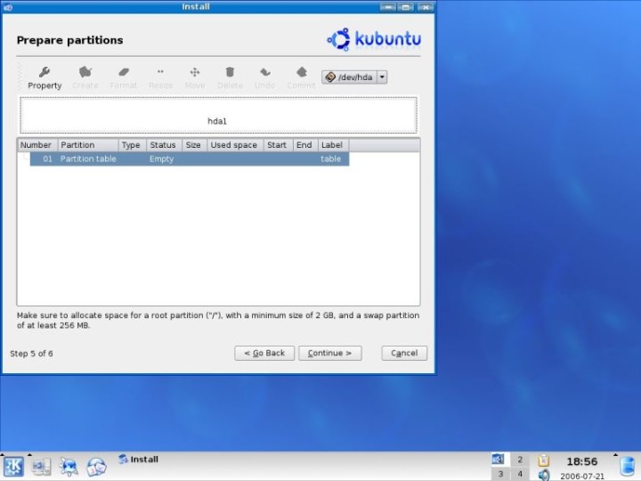 Kubuntu create a partition table