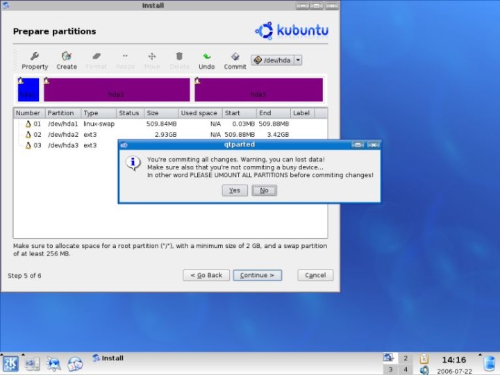 Kubuntu qtparted warning about commiting changes