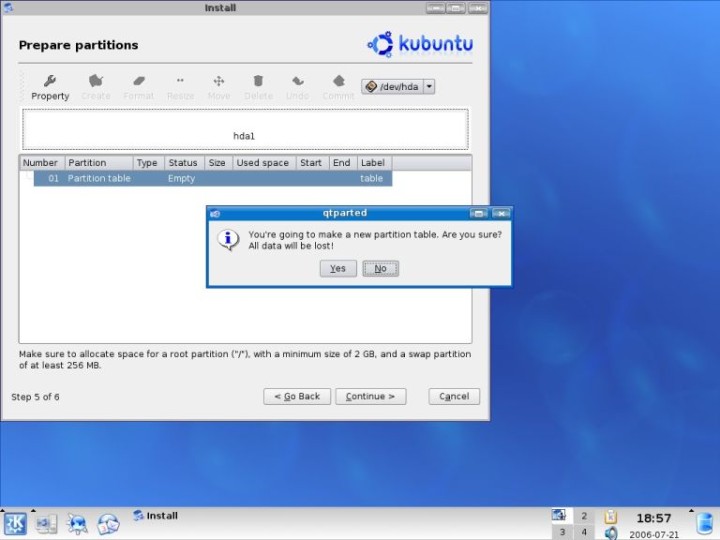 Kubuntu qtparted warning about new partition table