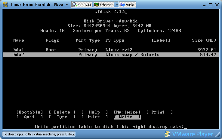 Linux from Scratch using cfdisk