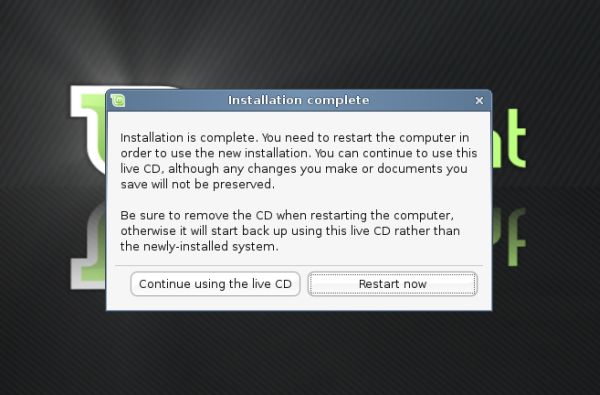 Linux Mint installation complete