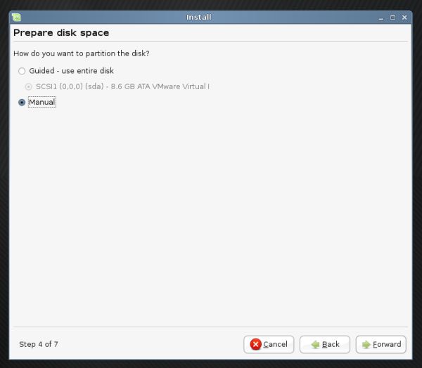 Linux Mint partitioning prepare disk
