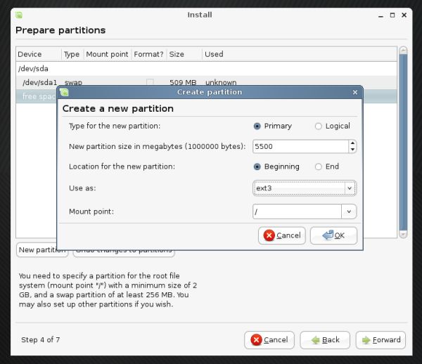 Linux Mint partitioning root