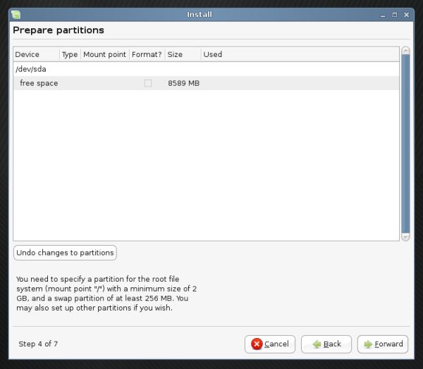 Linux Mint partitioning table created