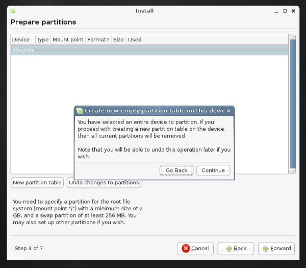Linux Mint partitioning table warning