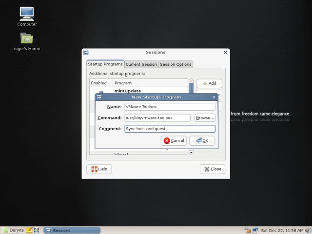Linux Mint sessions vmware toolbox
