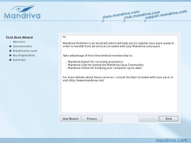 Mandriva first boot wizard