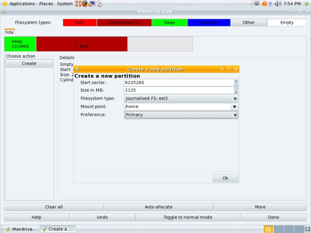 Mandriva partitioning creating home