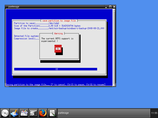 PartImage NTFS warning