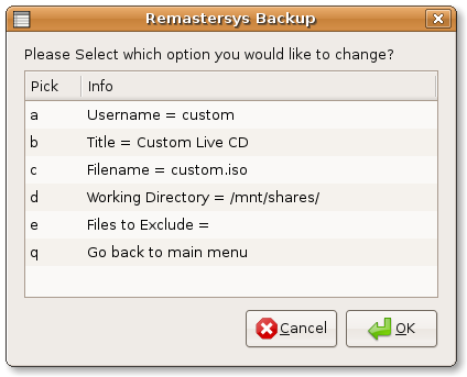 Remastersys GUI backup options