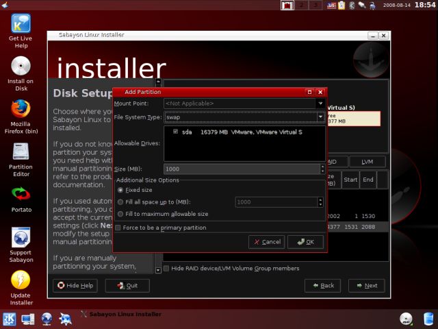 Sabayon create swap partition