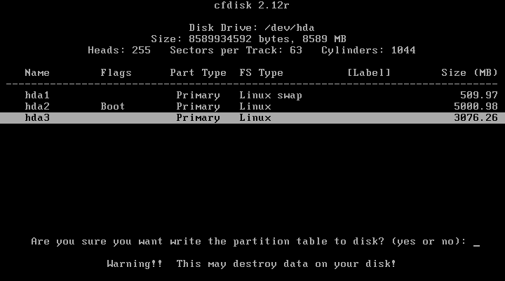 Slackware cfdisk write warning