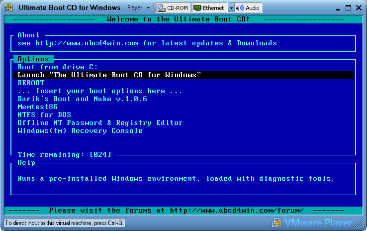 UBCD4WIN boot options