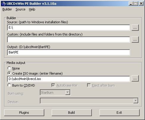 UBCD4WIN PE Builder main menu