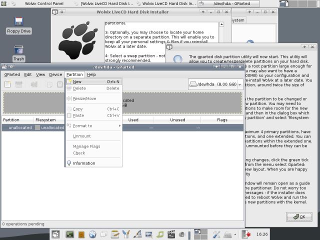 Wolvix GParted new partition