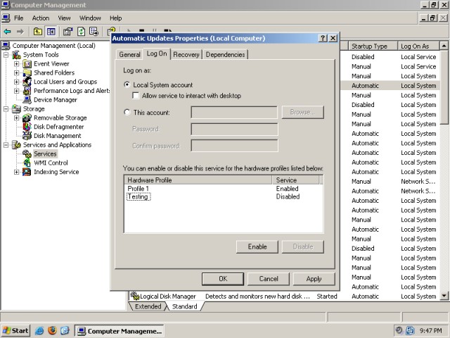XP profiles services logon