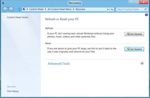 Recovery options, classic panel
