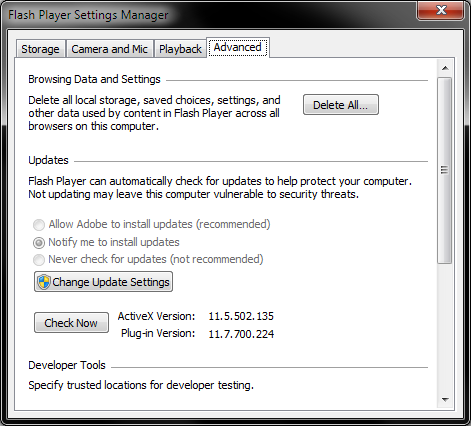 Flash Player settings in Control Panel