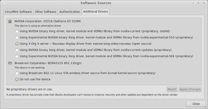 Additional drivers, Broadcom not in use