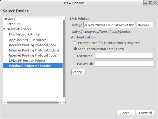 Samba printer configured